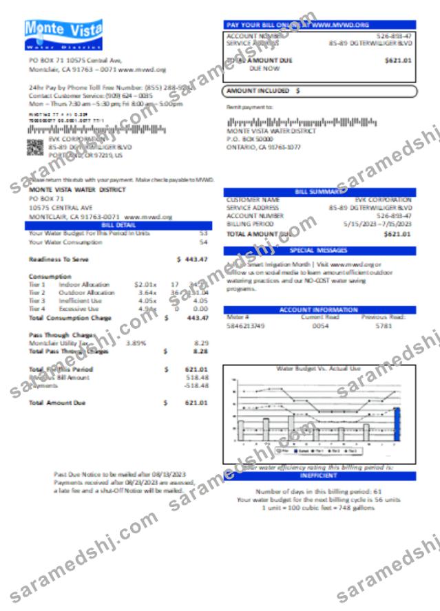 California Monte Vista Water District utility business bill,  SCR